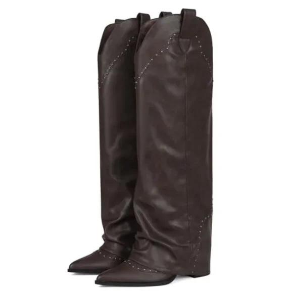 Women's Knee High Boots 3.7 Inch Heel Studded Fold Over Vegan Leather - Picture 2 of 7